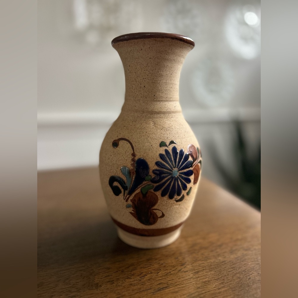 Tonala Mexican Folk Art Pottery Vase Hand Painted Blue Floral Stoneware